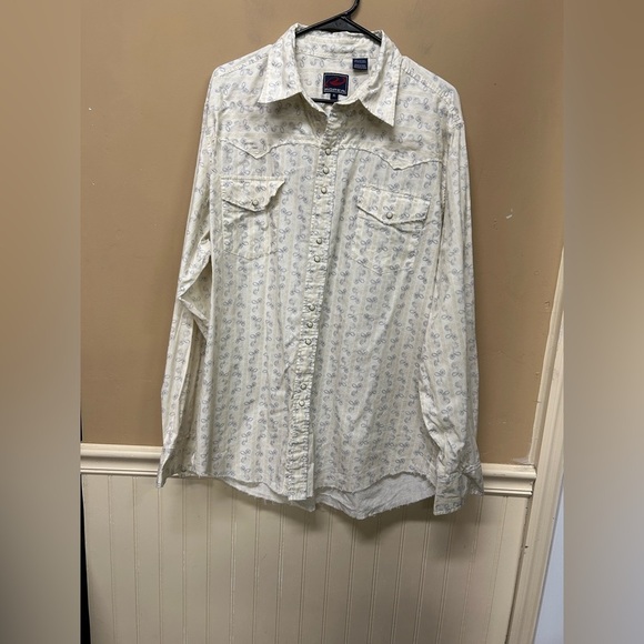 Roper Mens Shirt Size XL Cowboy Rodeo Distressed Raw Hem Pearl Snap Cream Print - Picture 1 of 5